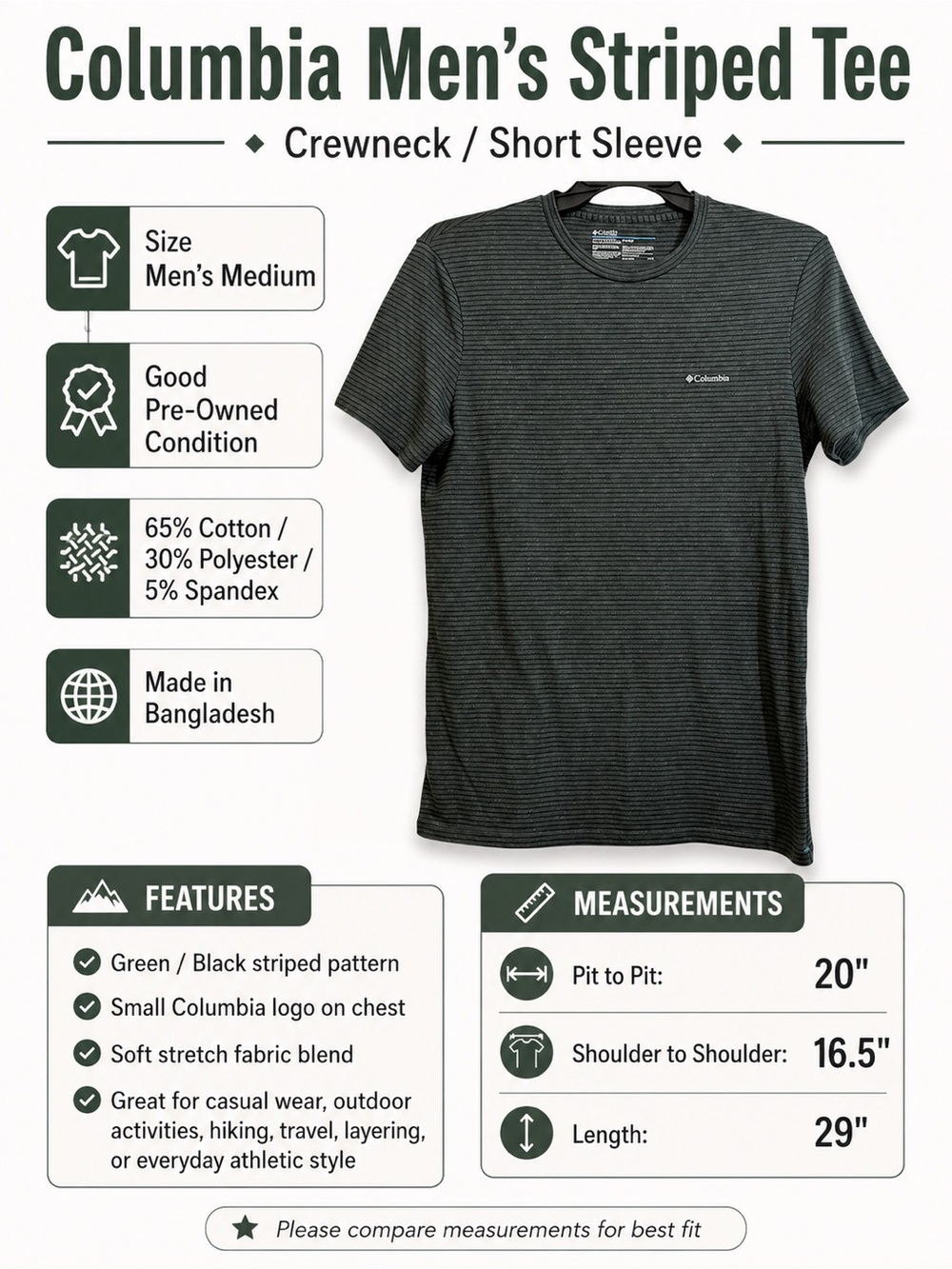 Columbia Men’s Medium Green Black Striped Short Sleeve Stretch Shirt